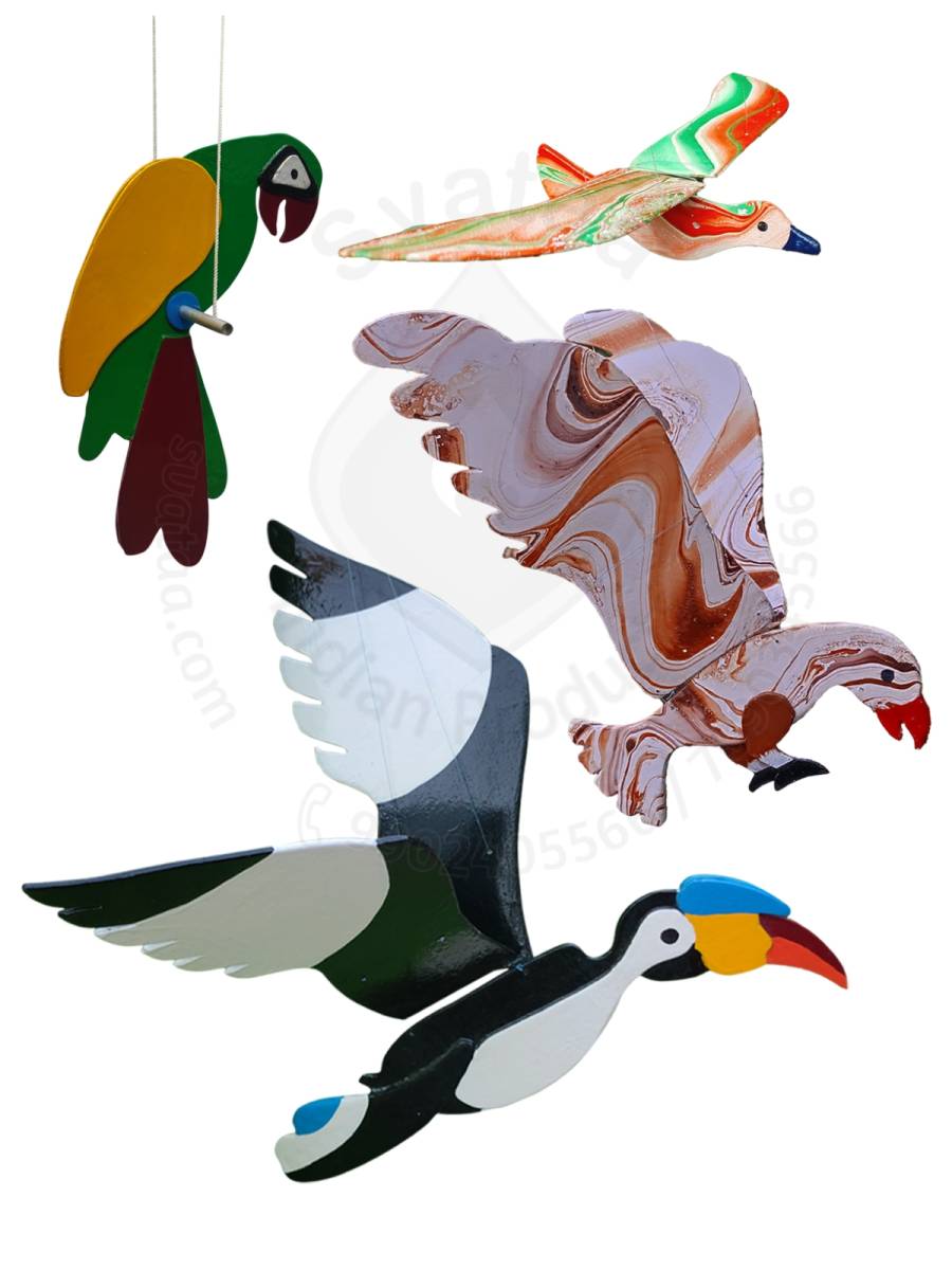 Wooden Birds - Combo2 - HornBill, Parrot, Eagle & Tiranga Bird - Garden/Outdoor Decor
