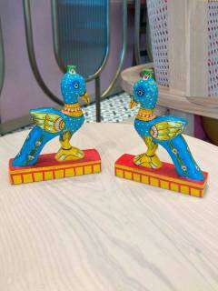 Handcrafted Wooden Carved Bird - Mayura - Peacock Figurine - Set of 2 - Orissa Crafts - Home Decor
