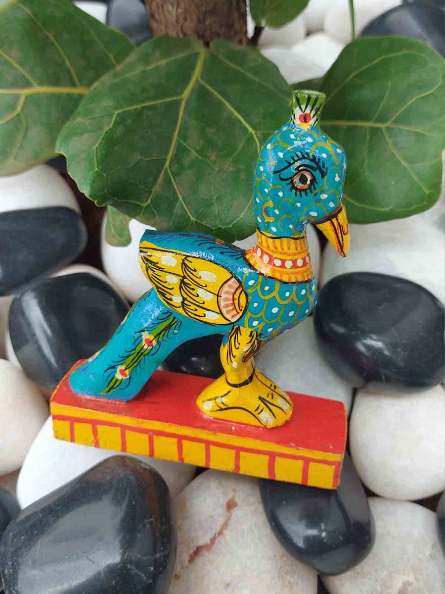 Handcrafted Wooden Carved Bird - Mayura - Peacock Figurine - Set of 2 - Orissa Crafts - Home Decor