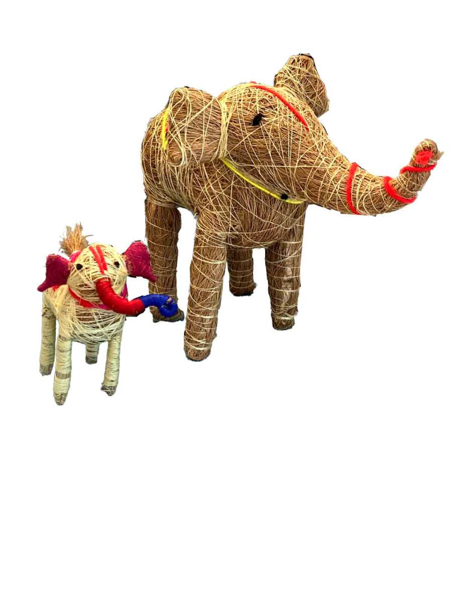 Orissa Coir Crafts - Handcrafted Elephant Mother and Baby Figurine - Home Decor