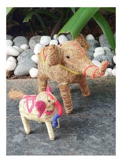 Orissa Coir Crafts - Handcrafted Elephant Mother and Baby Figurine - Home Decor
