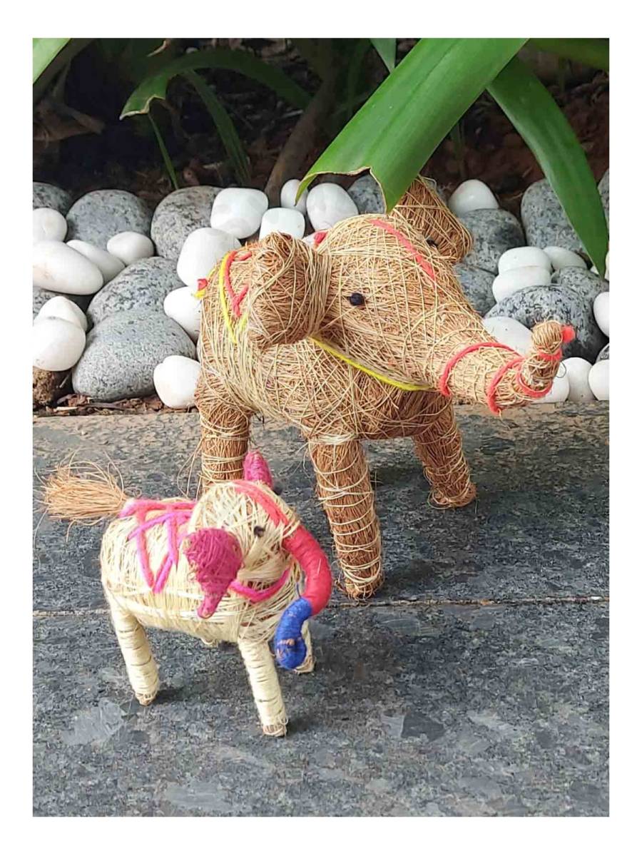 Orissa Coir Crafts - Handcrafted Elephant Mother and Baby Figurine - Home Decor
