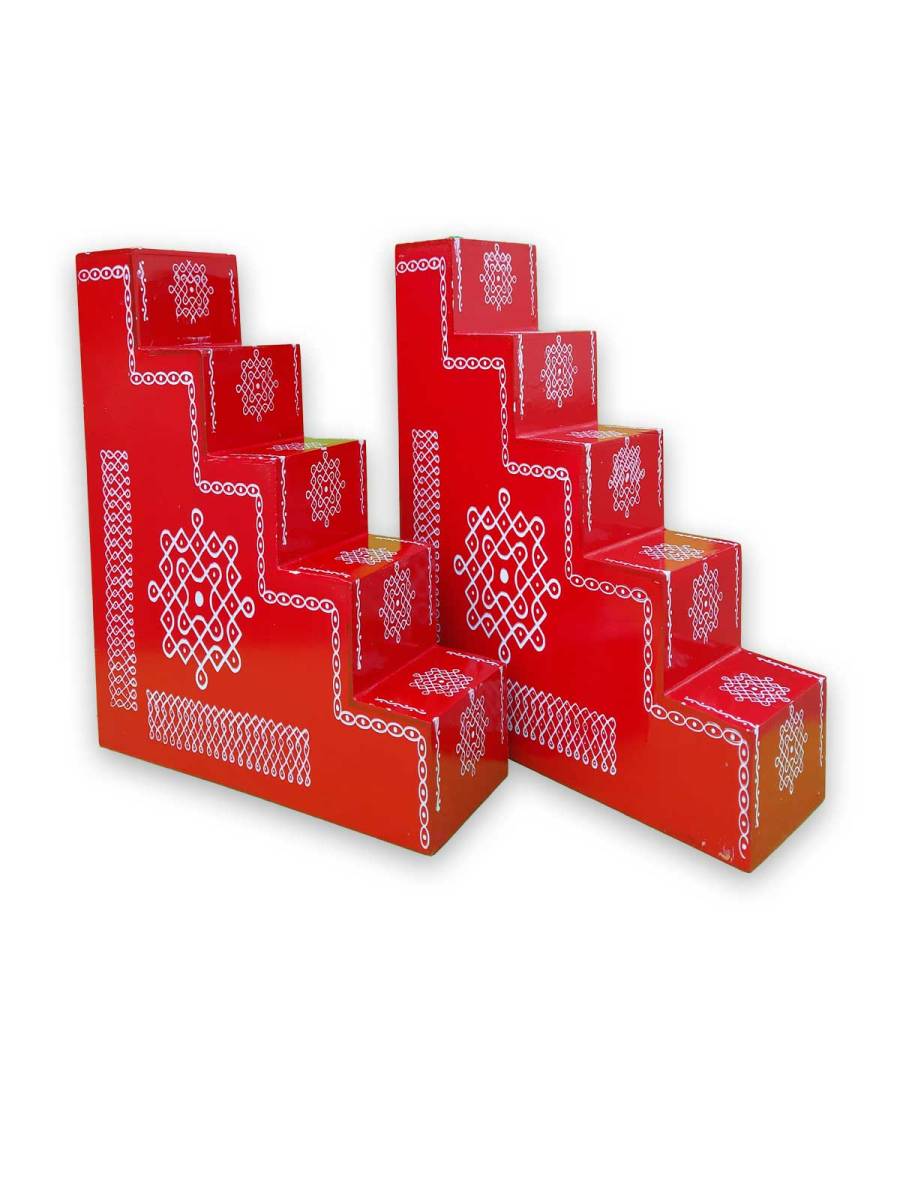 Festive - Traditional Rangoli Printed Puja Stand  - Set of 2 - Red - 5 Steps
