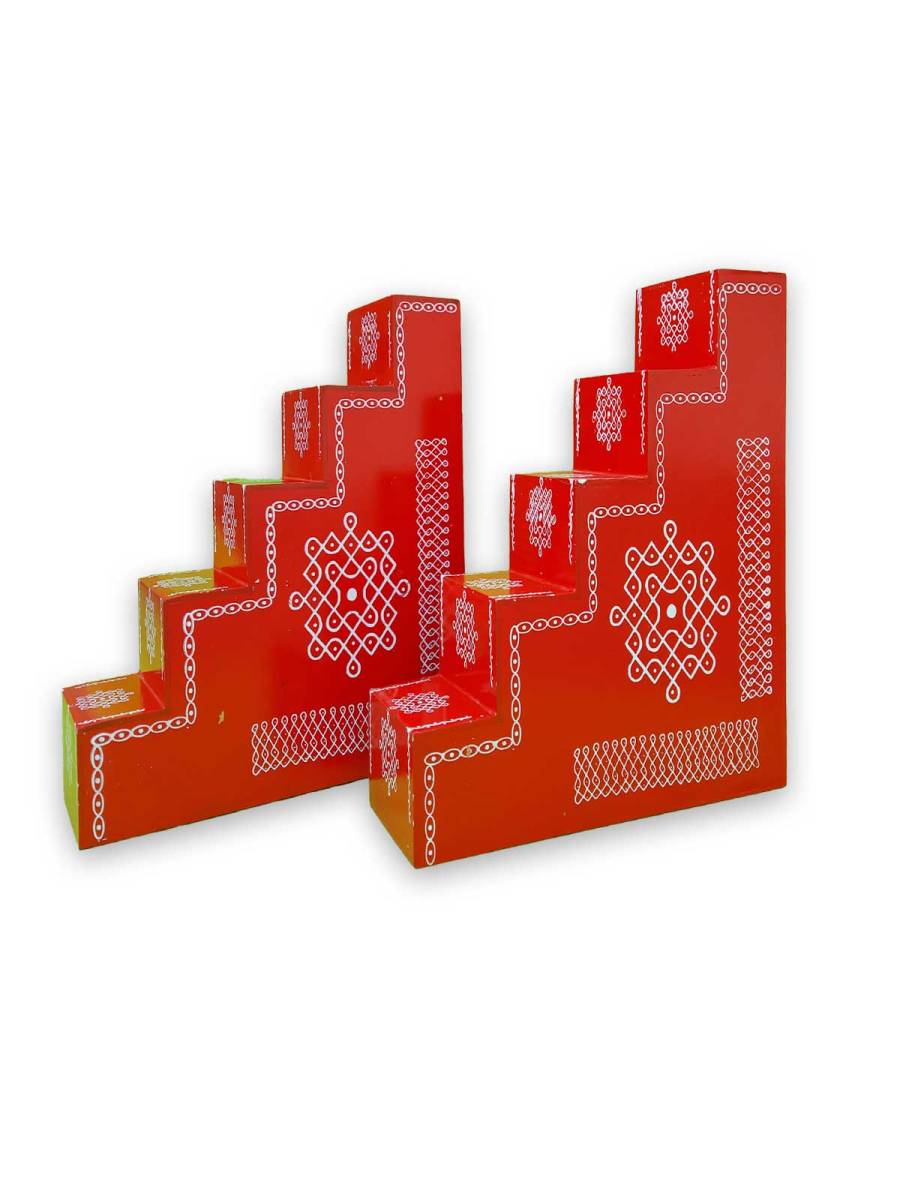 Festive - Traditional Rangoli Printed Puja Stand  - Set of 2 - Red - 5 Steps
