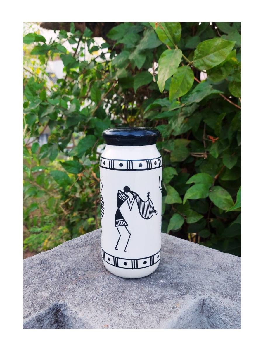 Wooden Vase - Warli Art - Black & White
