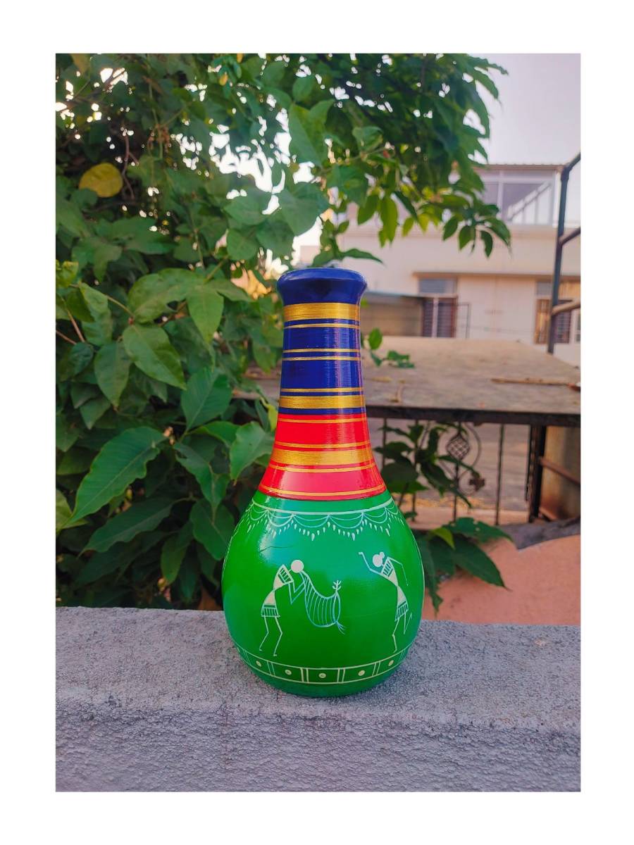 Wooden Vase - Warli Art - Green
