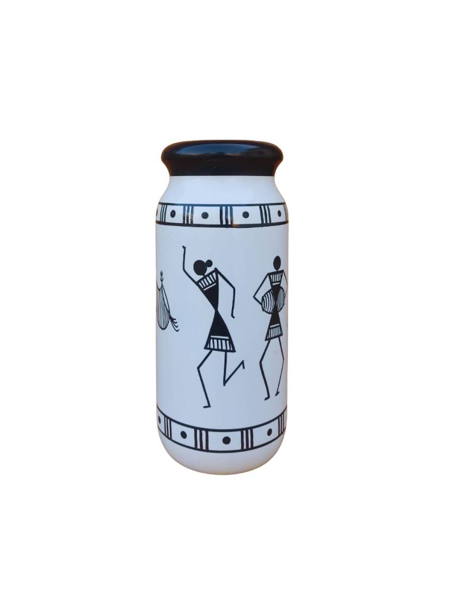 Wooden Vase - Warli Art - Black & White
