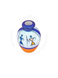Wooden Vase - Warli Art - Small - White & Orange