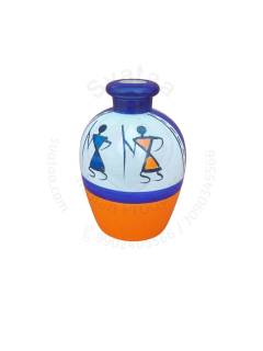 Wooden Vase - Warli Art - Small - White & Orange