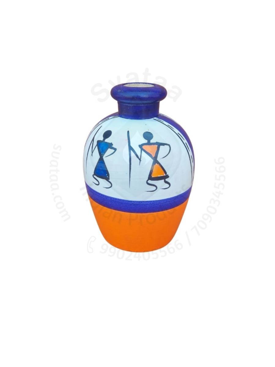 Wooden Vase - Warli Art - Small - White & Orange