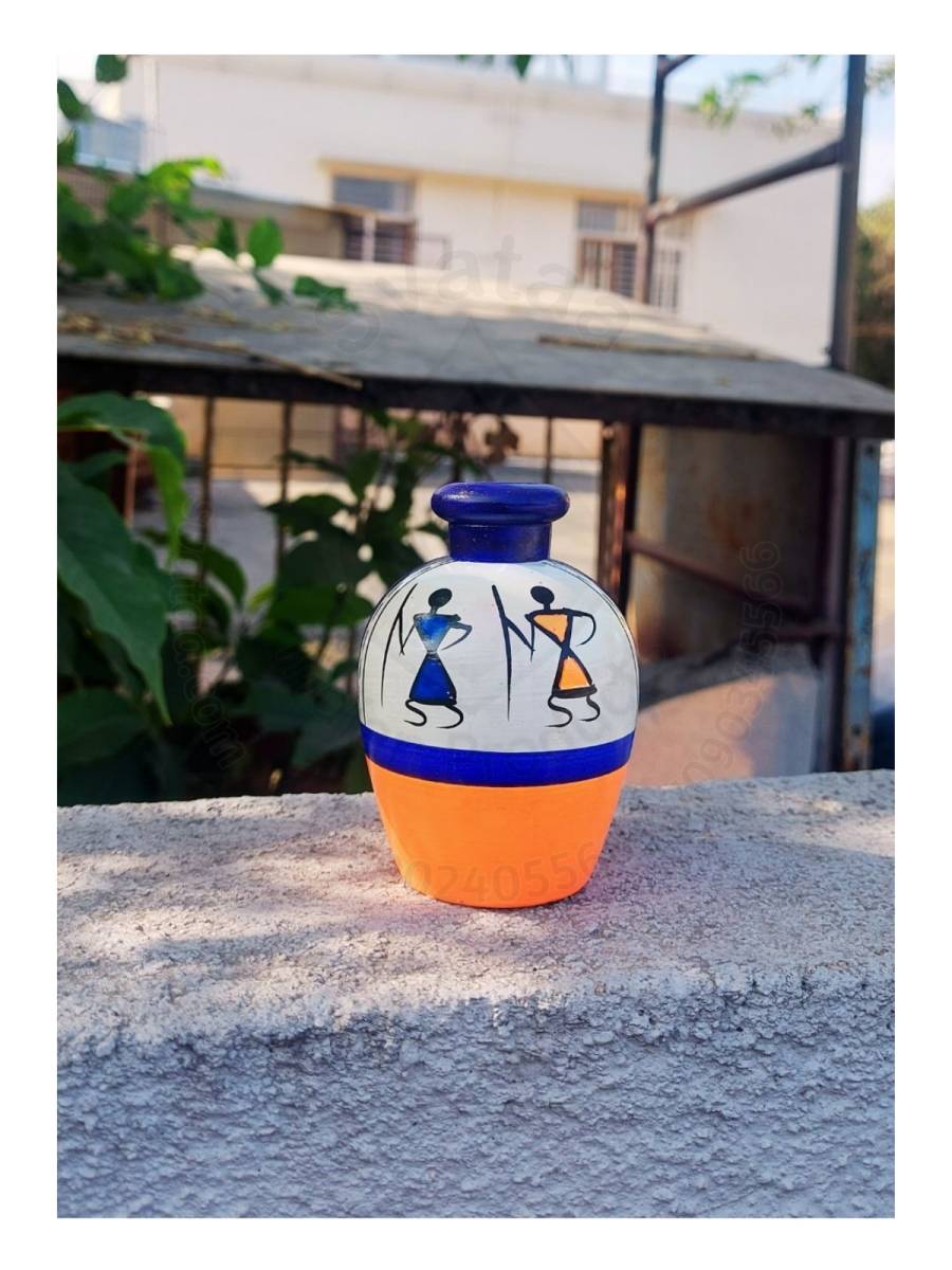 Wooden Vase - Warli Art - Small - White & Orange