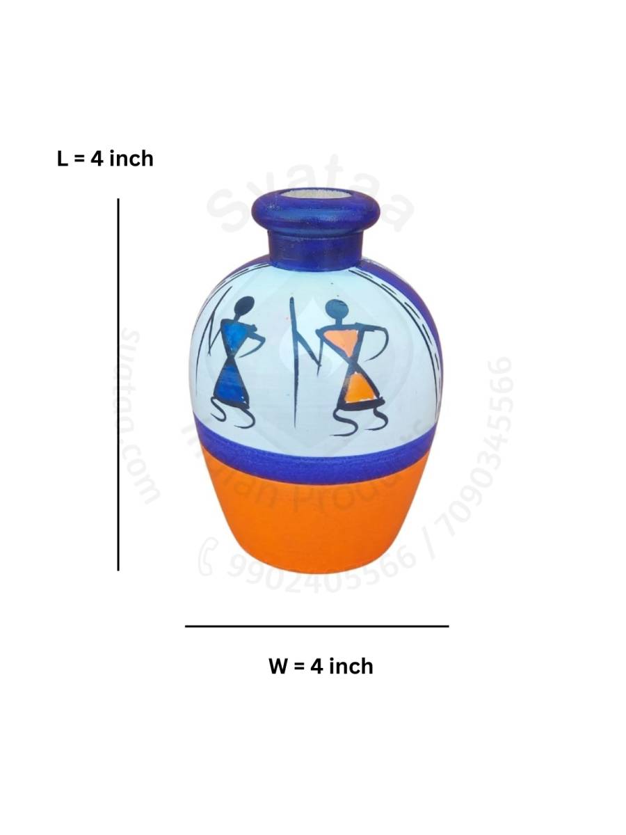 Wooden Vase - Warli Art - Small - White & Orange