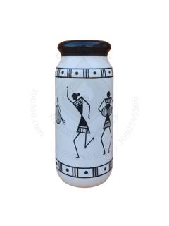 Wooden Vase - Warli Art - Black & White
