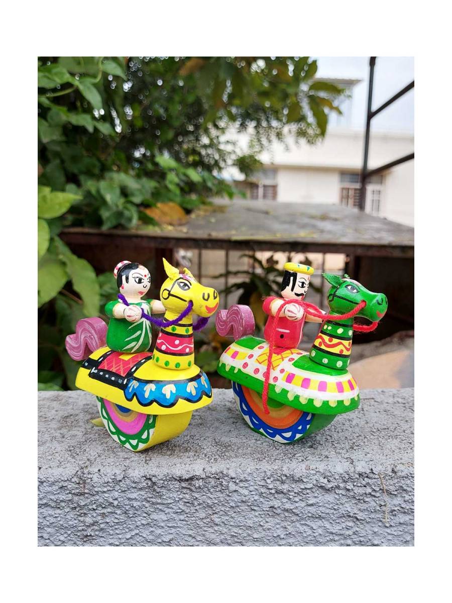 Toy - Miniature Wooden Rocking Horse Procession Couple Doll
