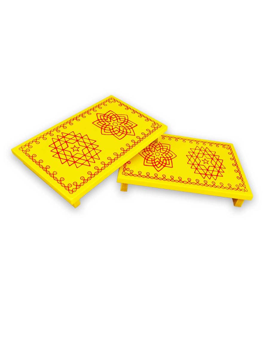 Festive - Traditional Rangoli Printed Puja Peetam - Set of 2 - Rectangle - Yellow - 6x9 inch