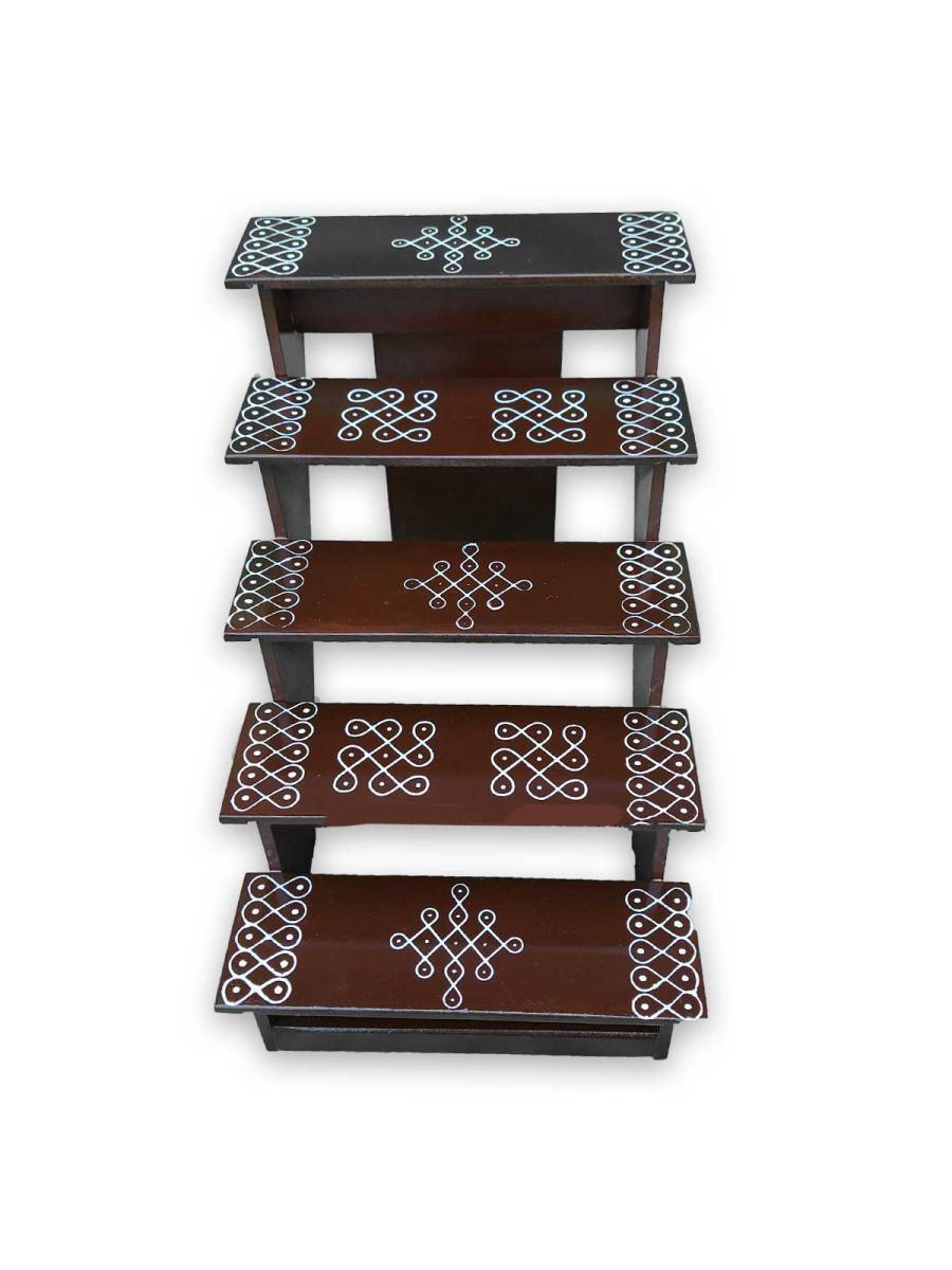 Festive - Traditional Rangoli Printed Puja Stand - Foldable - Brown - 5 Steps Festive - Traditional Rangoli Printed Puja Stand - Foldable - Brown - 5 Steps