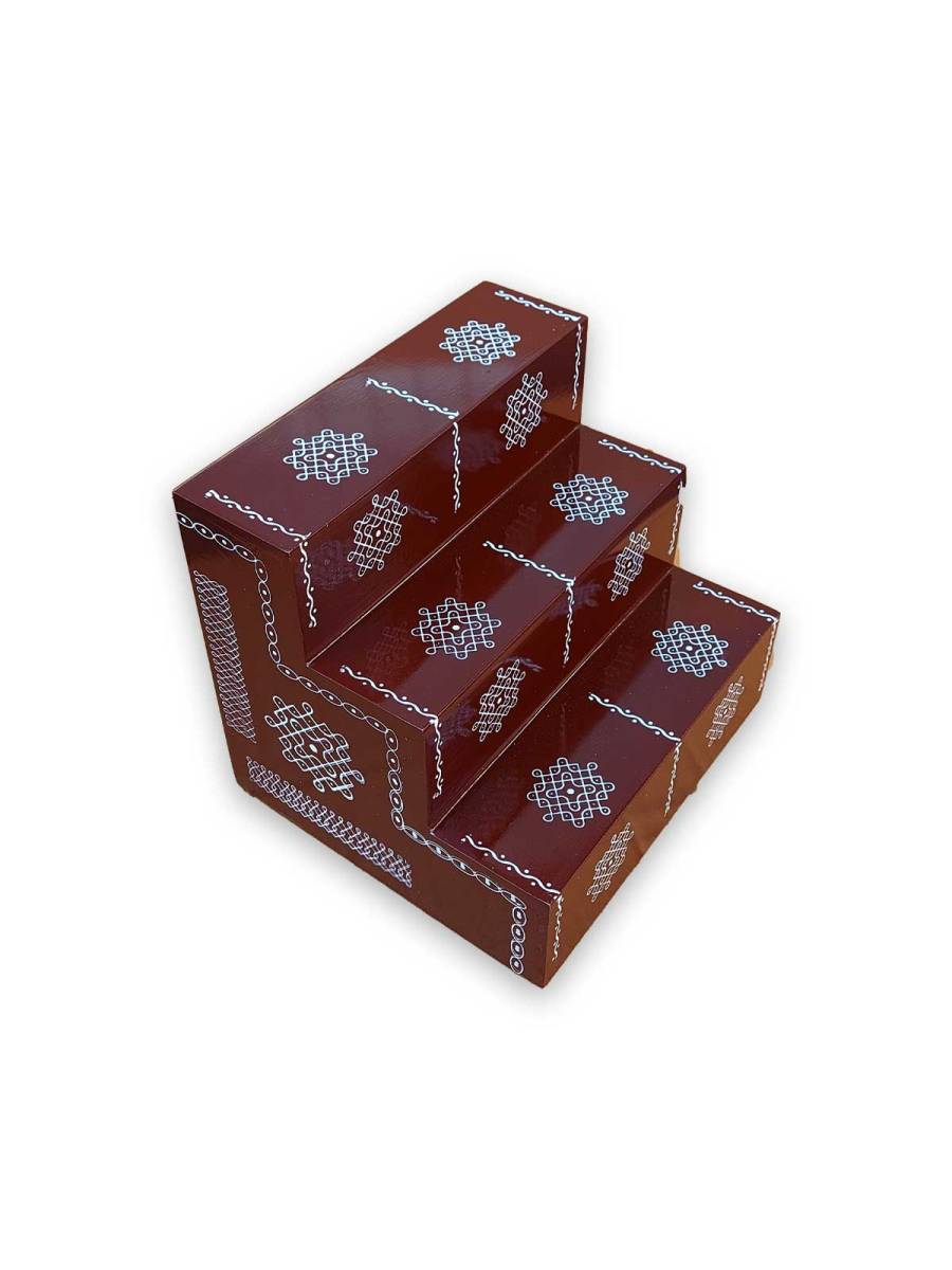 Festive - Traditional Rangoli Printed Puja Stand - Brown - 3 Steps
