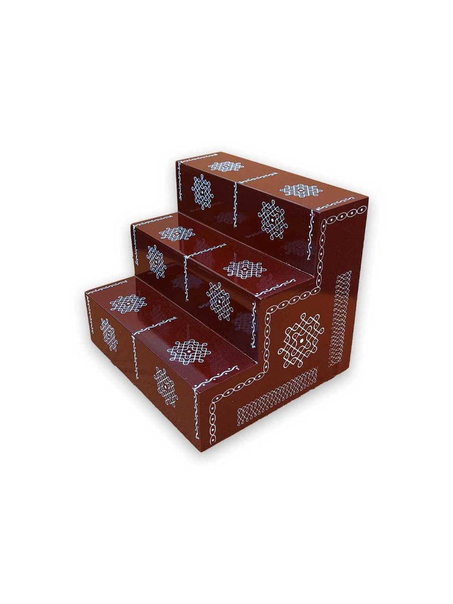 Festive - Traditional Rangoli Printed Puja Stand - Brown - 3 Steps
