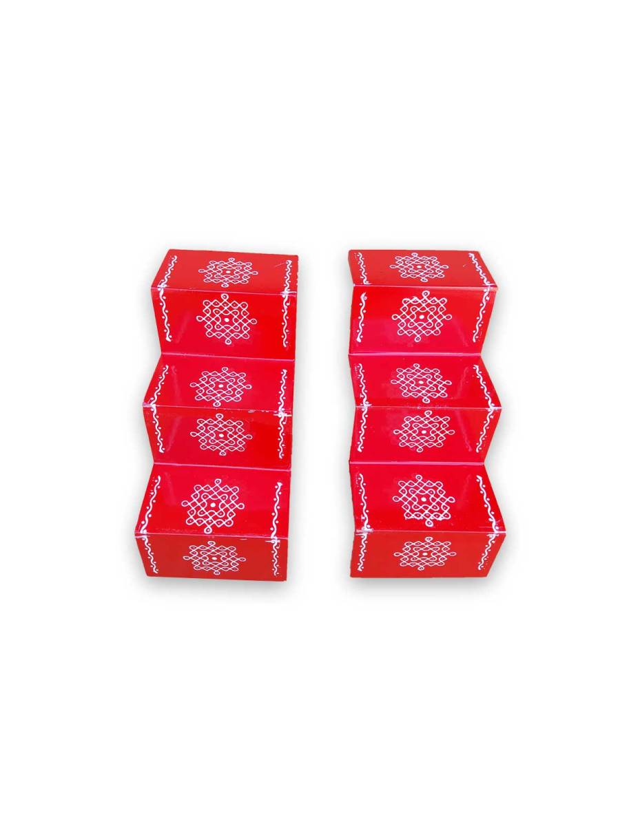 Festive - Traditional Rangoli Printed Puja Stand - Set of 2 - Red - 3 Steps Festive - Traditional Rangoli Printed Puja Stand - Set of 2 - Red - 3 Steps