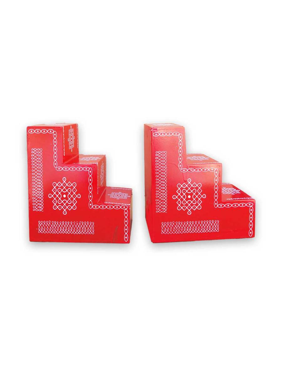 Festive - Traditional Rangoli Printed Puja Stand - Set of 2 - Red - 3 Steps Festive - Traditional Rangoli Printed Puja Stand - Set of 2 - Red - 3 Steps