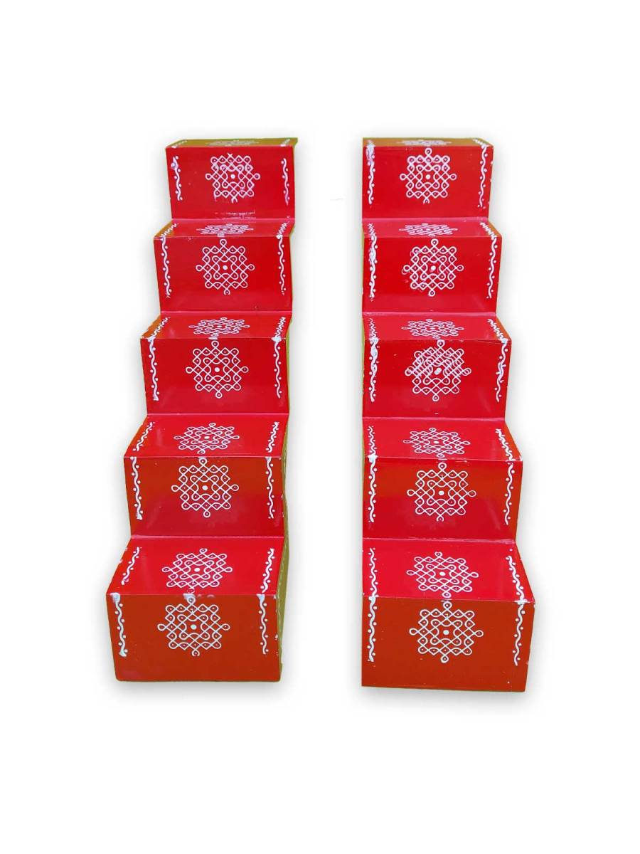 Festive - Traditional Rangoli Printed Puja Stand  - Set of 2 - Red - 5 Steps
