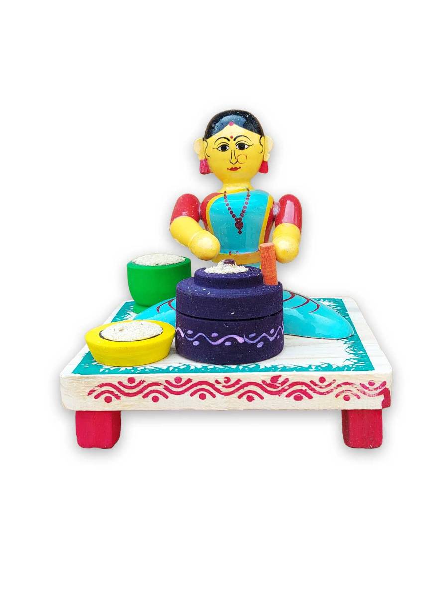 Wooden Village Lady with Stone Grinder - Etikoppaka Dolls
