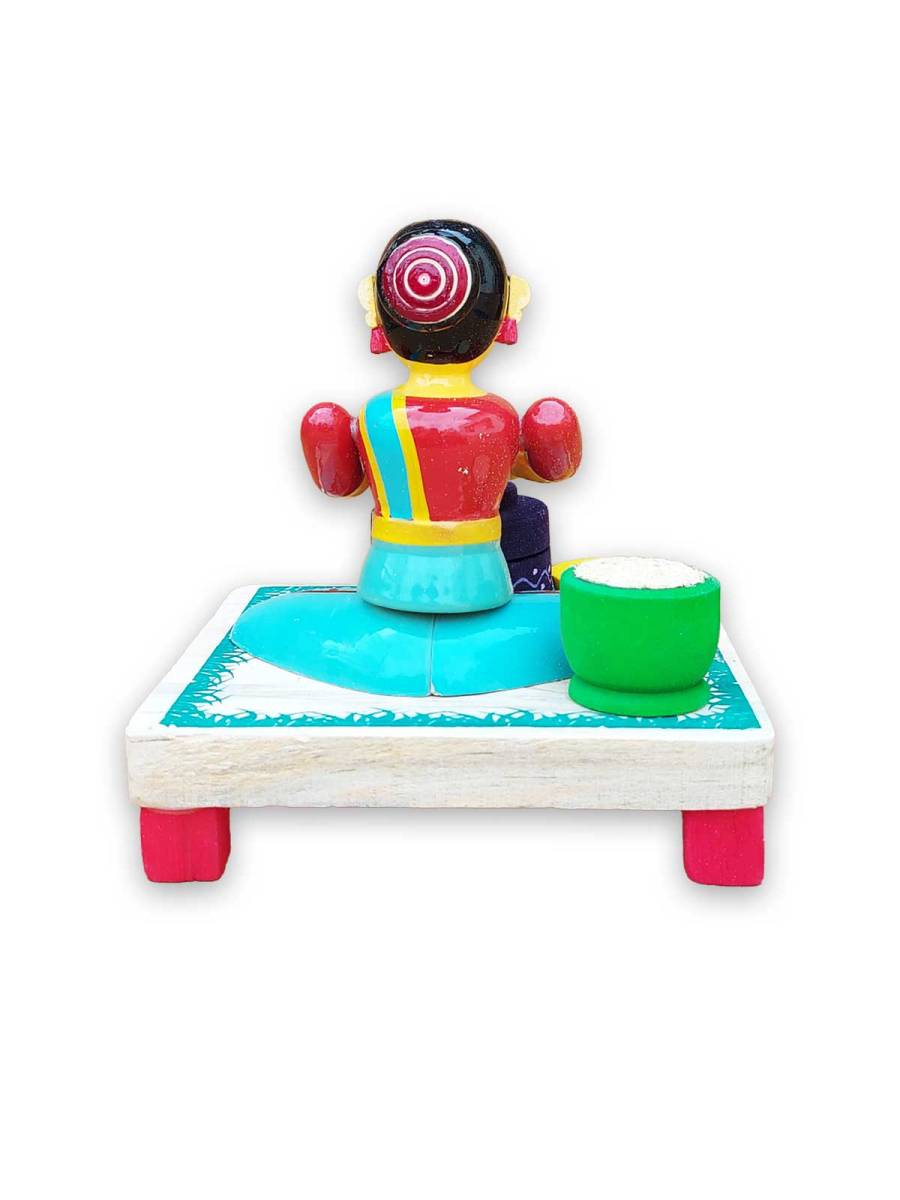 Wooden Village Lady with Stone Grinder - Etikoppaka Dolls
