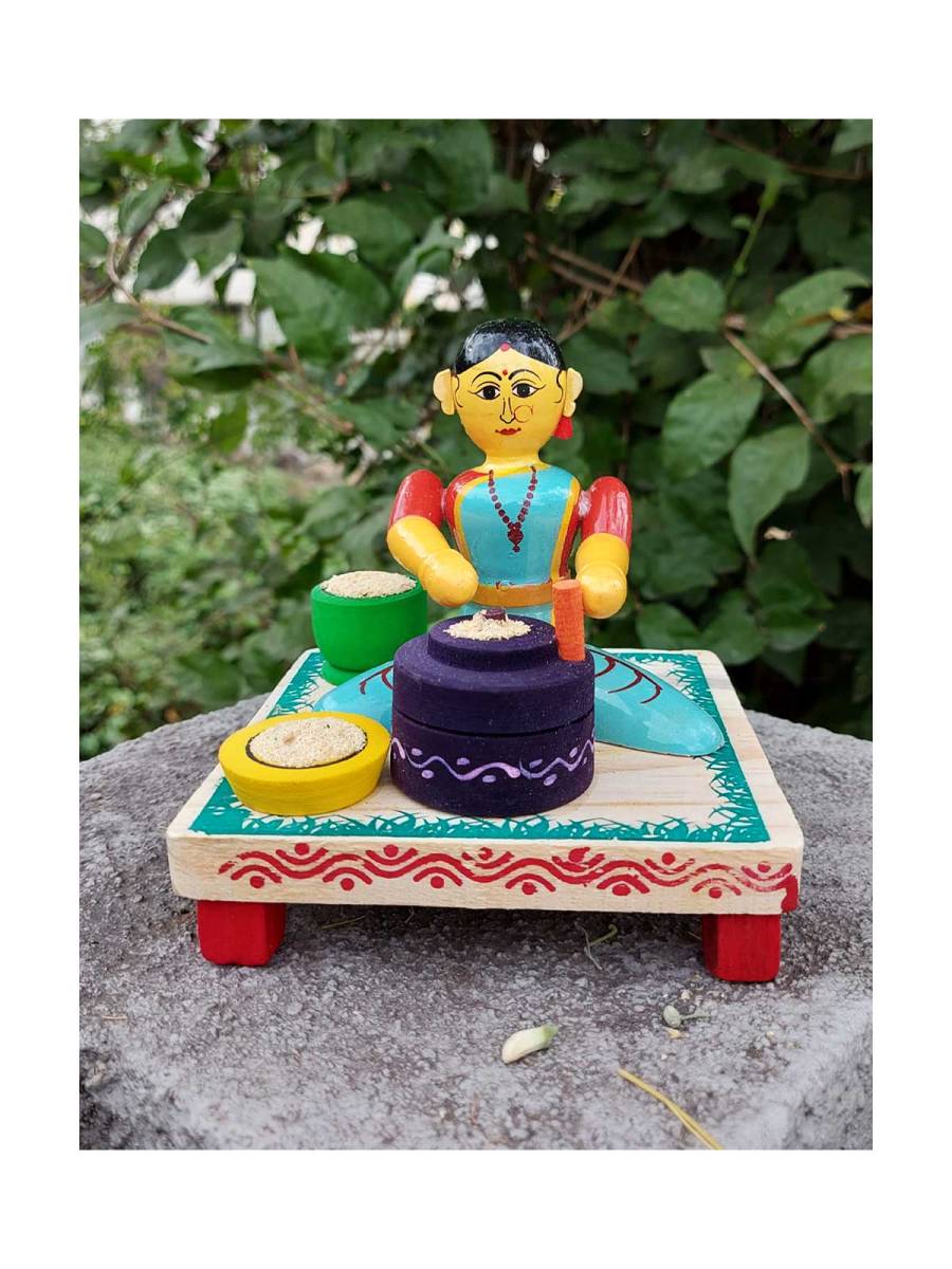 Wooden Village Lady with Stone Grinder - Etikoppaka Dolls
