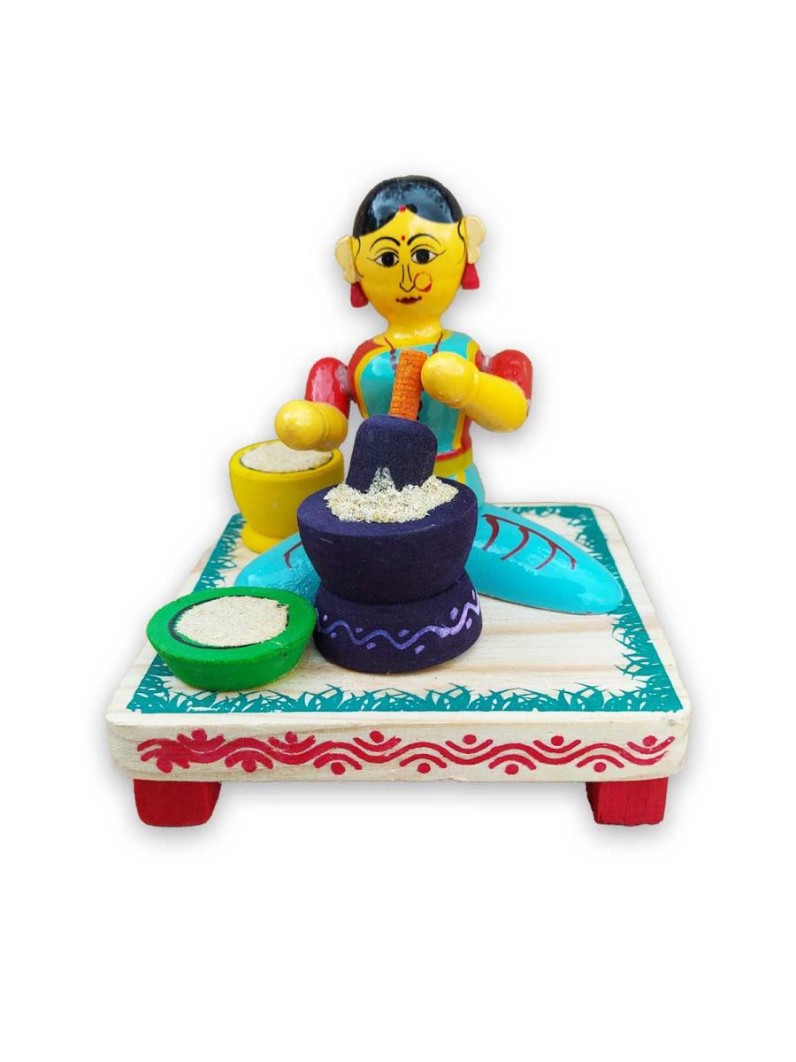 Wooden Village Lady Grinding Grains - Etikoppaka Dolls
