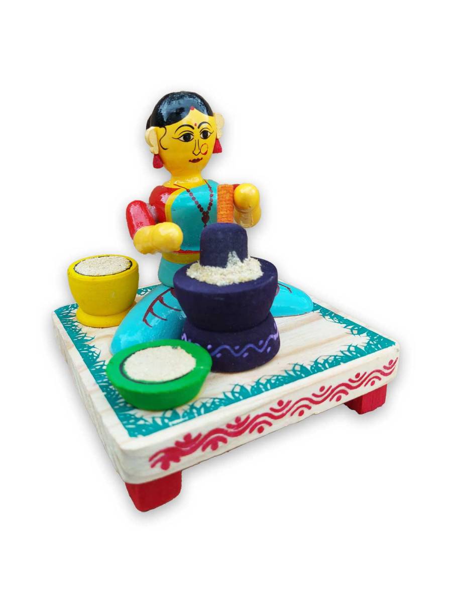 Wooden Village Lady Grinding Grains - Etikoppaka Dolls
