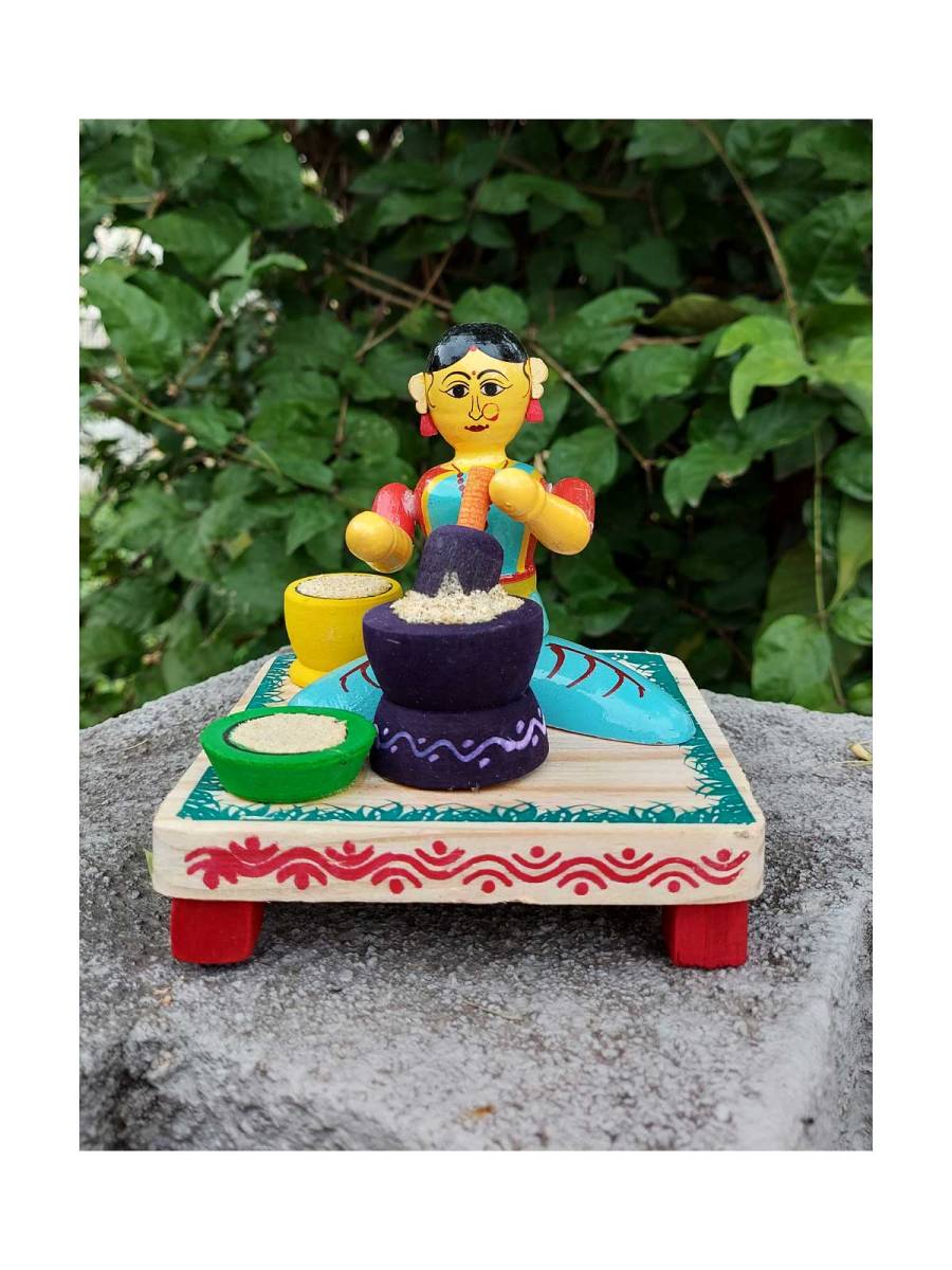 Wooden Village Lady Grinding Grains - Etikoppaka Dolls
