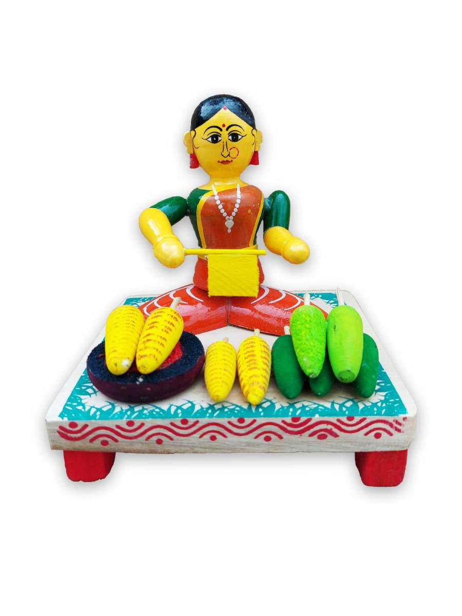 Wooden Village Lady Selling Corn - Etikoppaka Dolls
