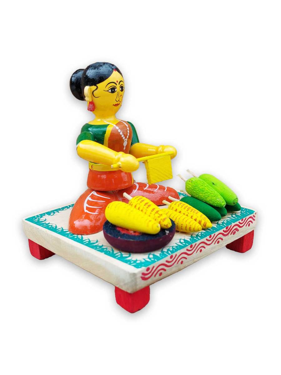 Wooden Village Lady Selling Corn - Etikoppaka Dolls
