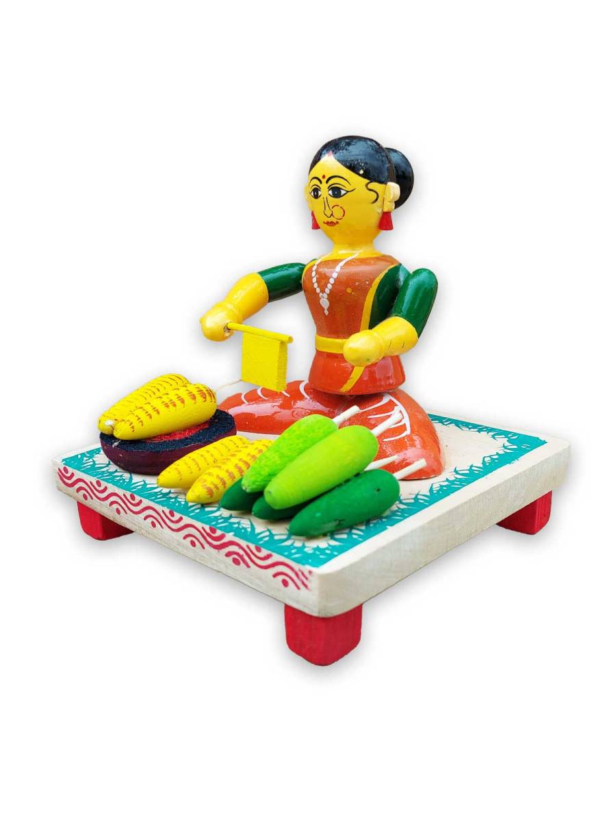Wooden Village Lady Selling Corn - Etikoppaka Dolls
