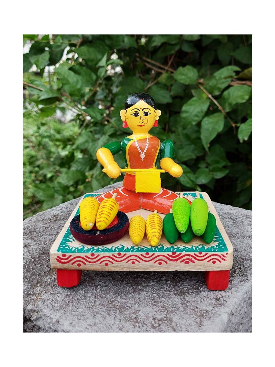 Wooden Village Lady Selling Corn - Etikoppaka Dolls
