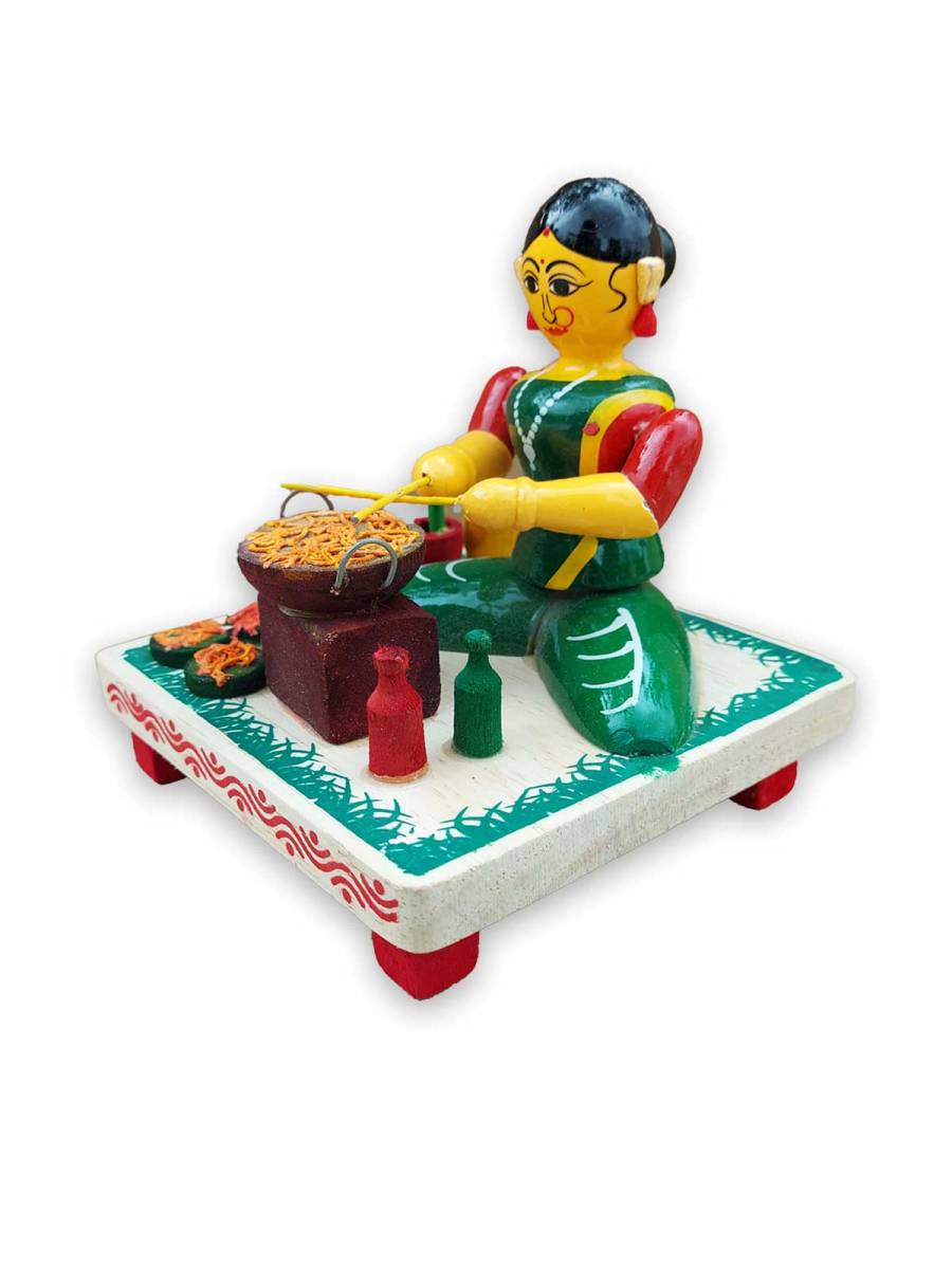 Wooden Village Lady Selling Street Food - Etikoppaka Dolls
