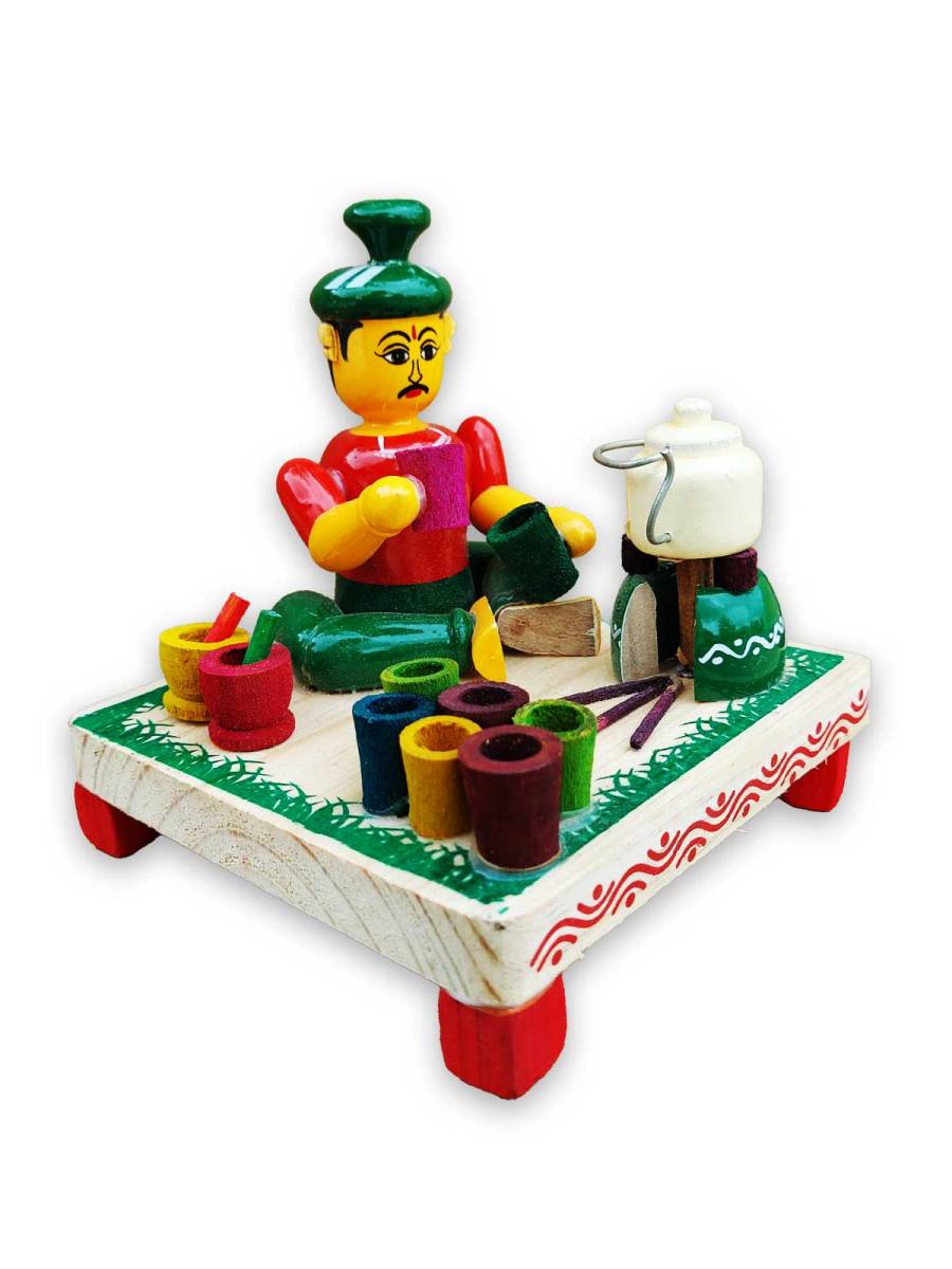 Wooden Village Man Selling Tea - Etikoppaka Dolls
