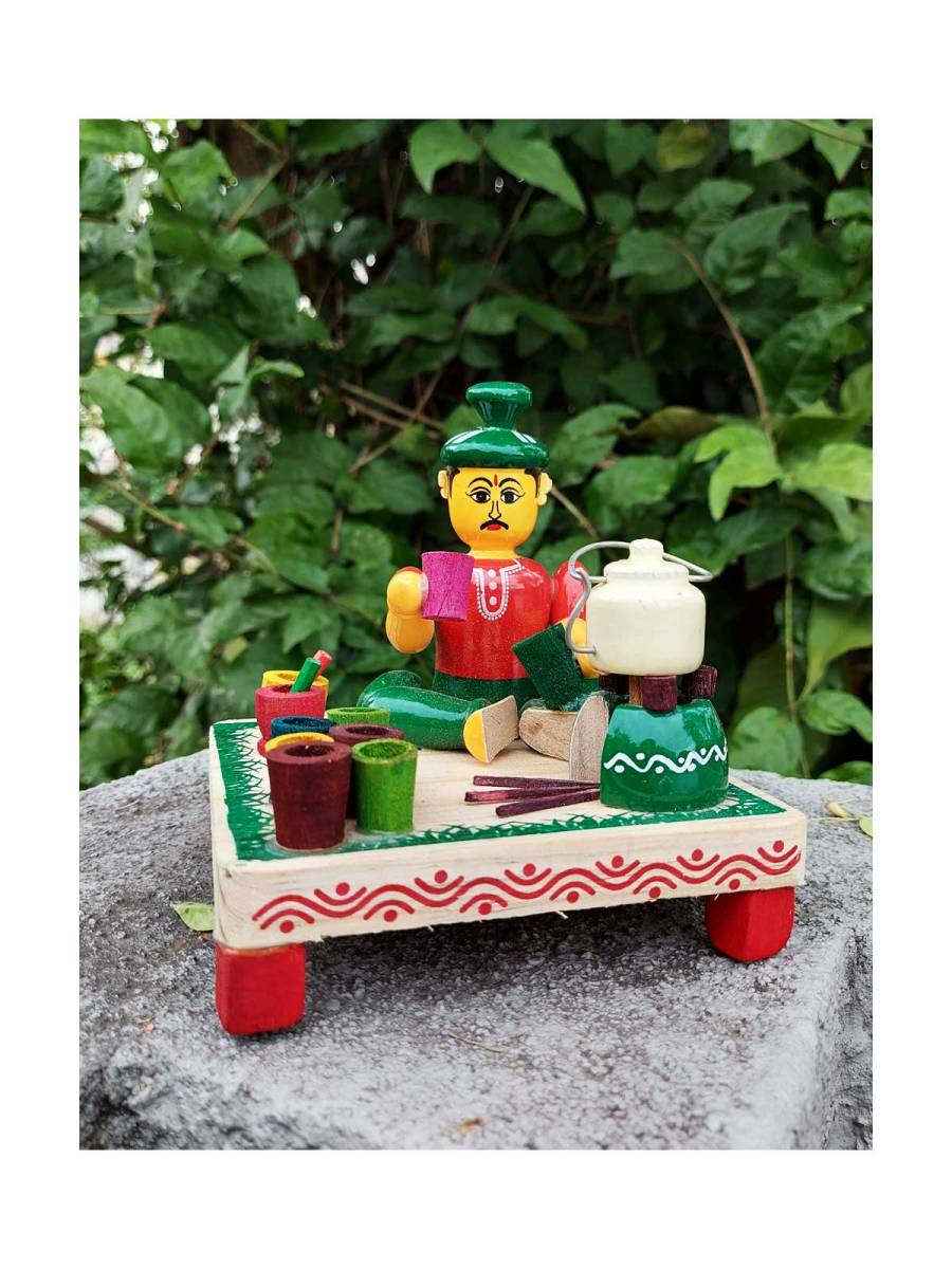 Wooden Village Man Selling Tea - Etikoppaka Dolls
