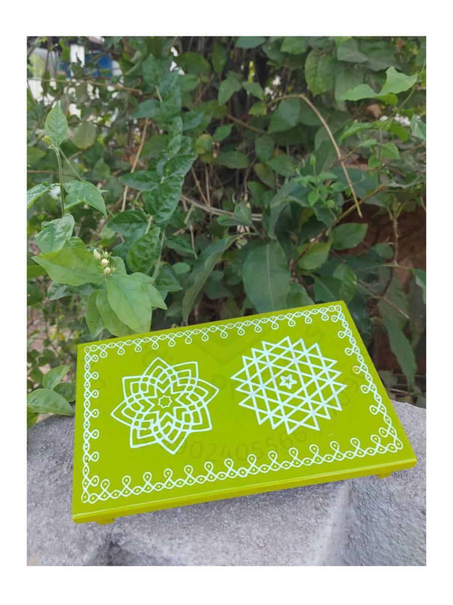 Festive - Peetam Chowki - 6x9 Inches - Set of 2 - Rectangle - Parrot Green Color | Design - Aishwarya Chakram and Hridaya Kamalam Festive - Peetam Chowki - 6x9 Inches - Set of 2 - Rectangle - Parrot Green Color | Design - Aishwarya Chakram and Hridaya Kamalam