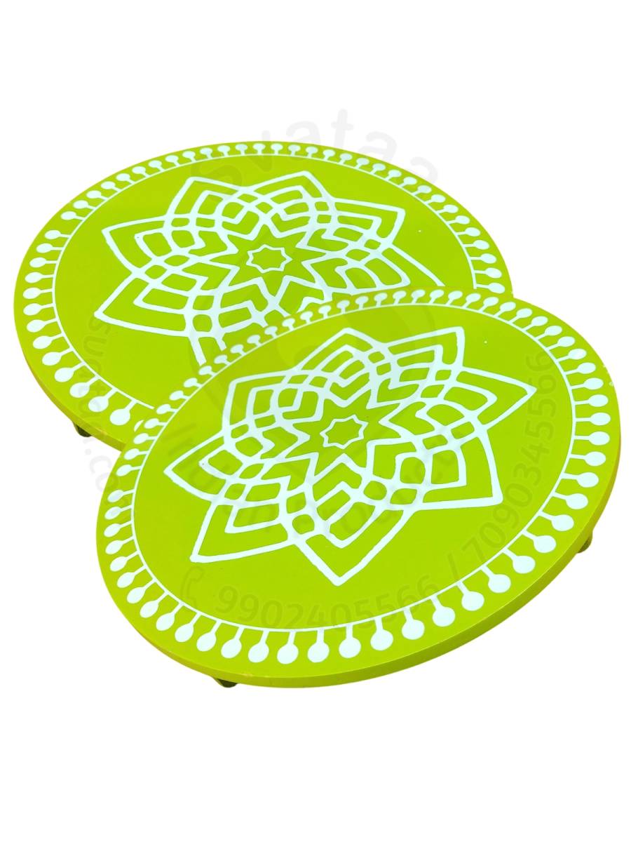 Festive - Peetam Chowki - 10x10 Inches - Set of 2 - Round - Green Color | Design - Hridaya Kamalam
