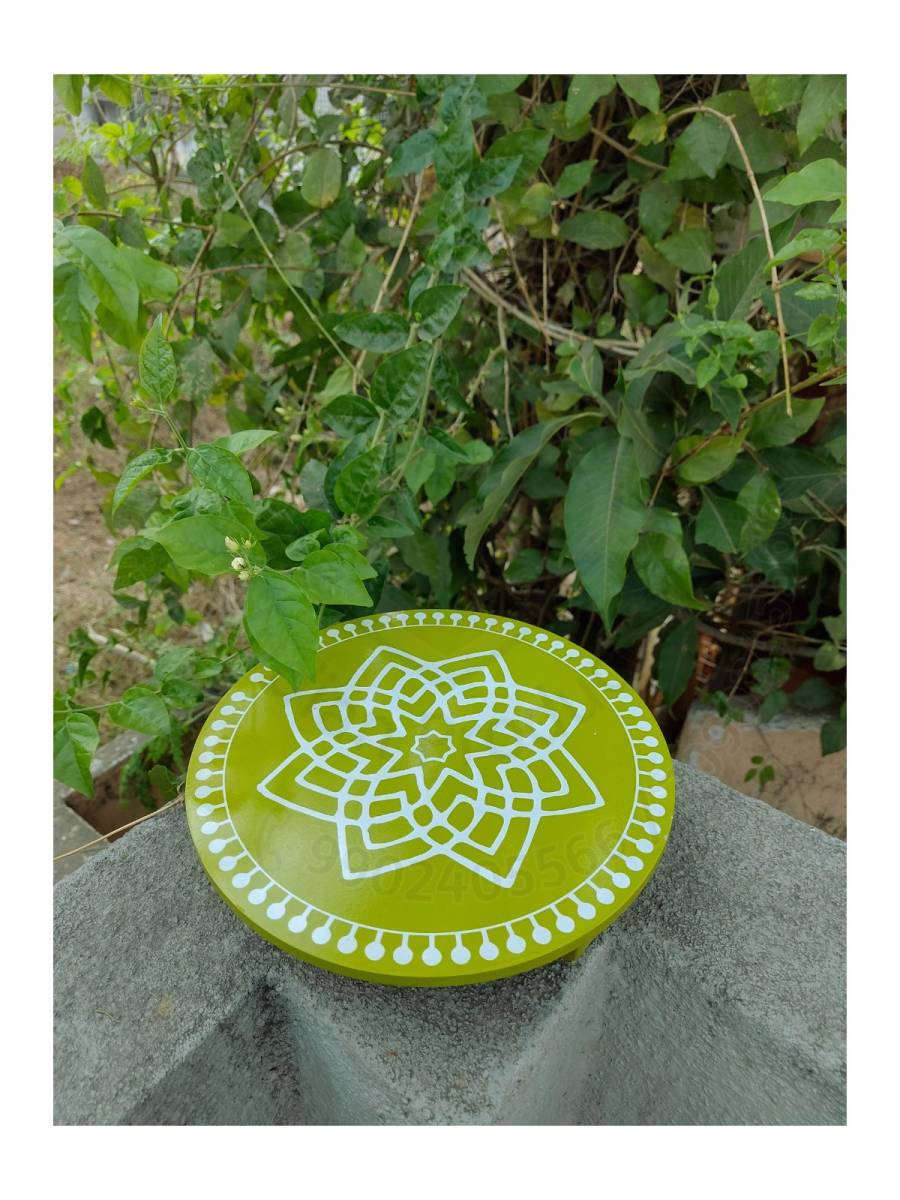 Festive - Peetam Chowki - 10x10 Inches - Single - Round - Green Color | Design - Hridaya Kamalam
