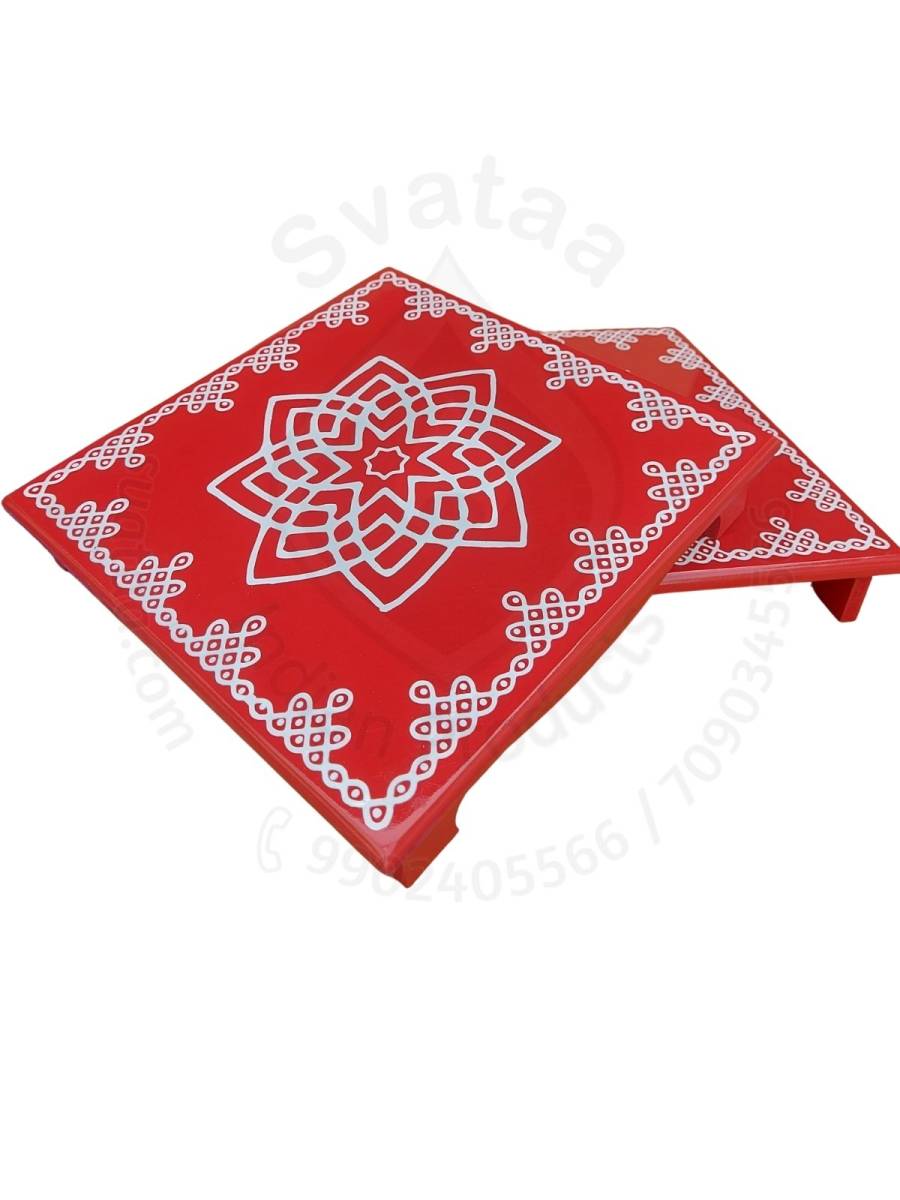 Festive - Peetam Chowki - 12x12 Inches - Set of 2 - Square - Red Color | Design - Hridaya Kamalam