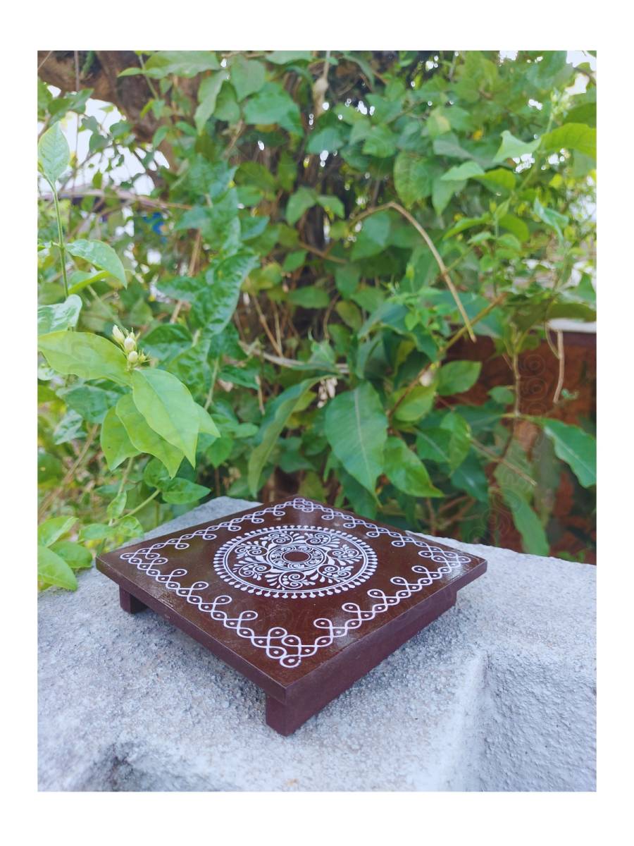 Festive - Peetam Chowki - 8x8 Inches - Set of 2 - Square - Coffee Color | Design - Rangoli