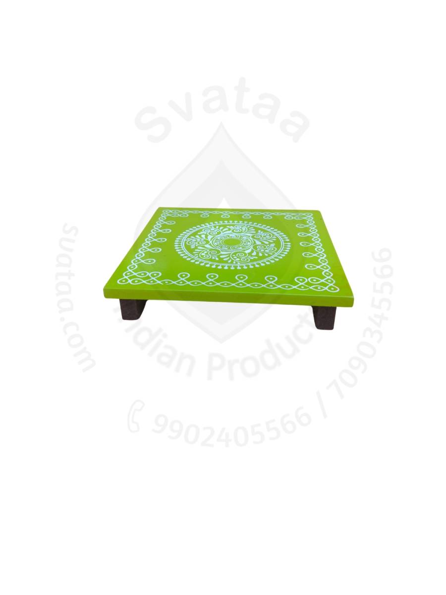 Festive - Peetam Chowki - 8x8 Inches - Single - Square - Green Color | Design - Rangoli