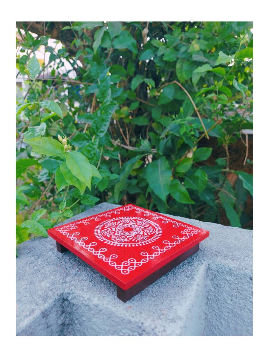 Festive - Peetam Chowki - 8x8 Inches - Single - Square - Red Color | Design - Rangoli
