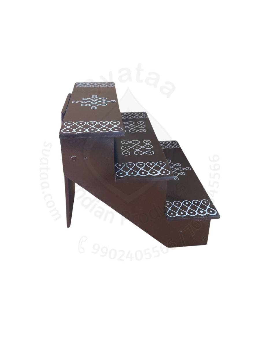 Festive - Pooja Stand - 3 Steps - Coffee Color - Traditional Rangoli - Foldable