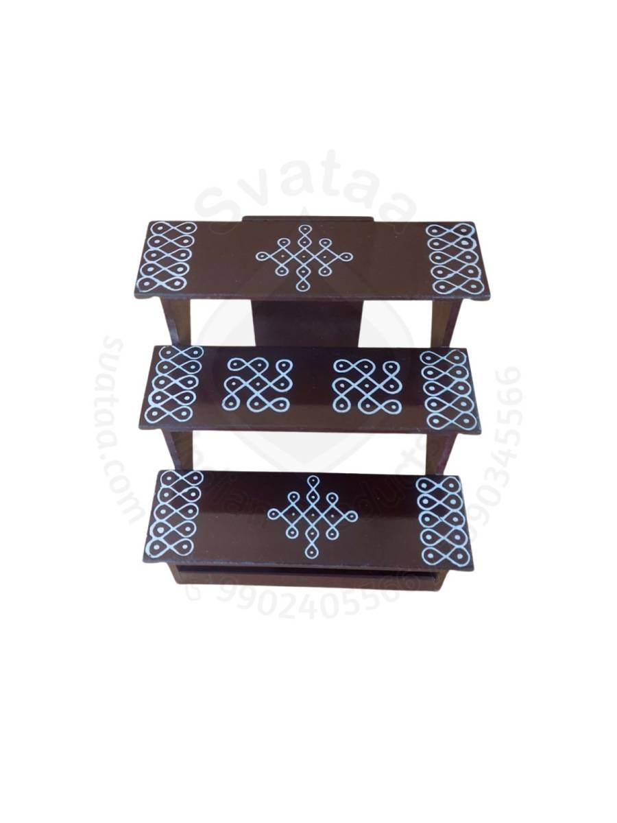 Festive - Pooja Stand - 3 Steps - Coffee Color - Traditional Rangoli - Foldable