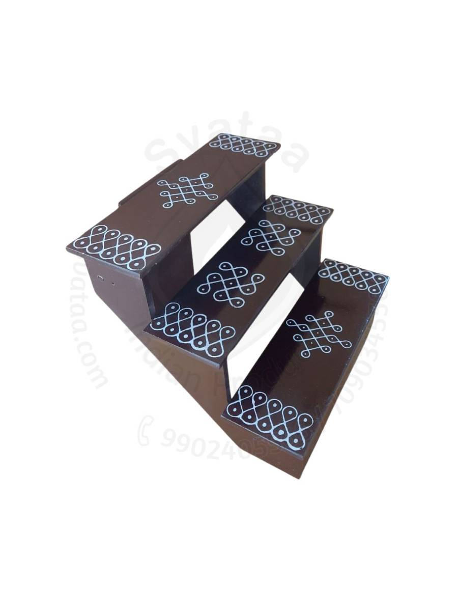 Festive - Pooja Stand - 3 Steps - Coffee Color - Traditional Rangoli - Foldable