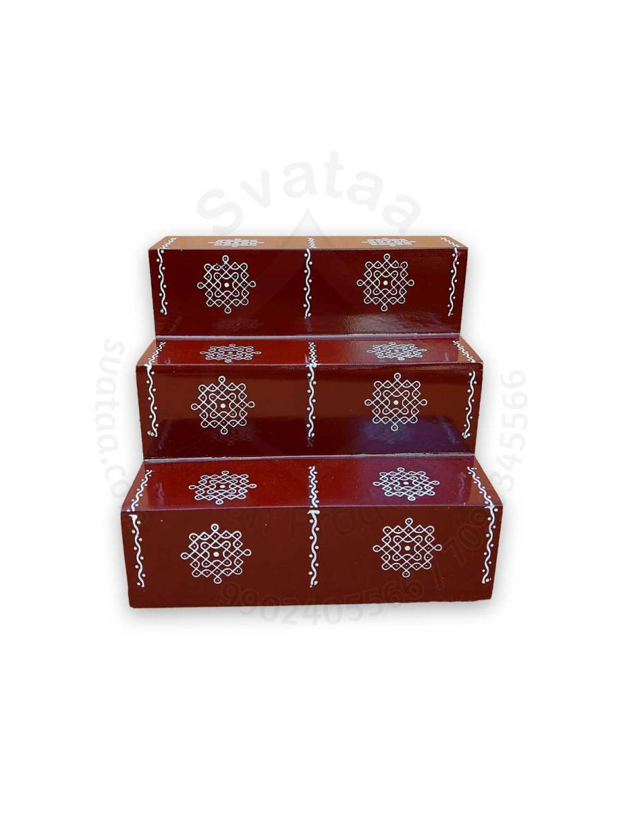 Festive - Pooja Stand - 3 Steps - Box Type - Coffee Color - Traditional Rangoli