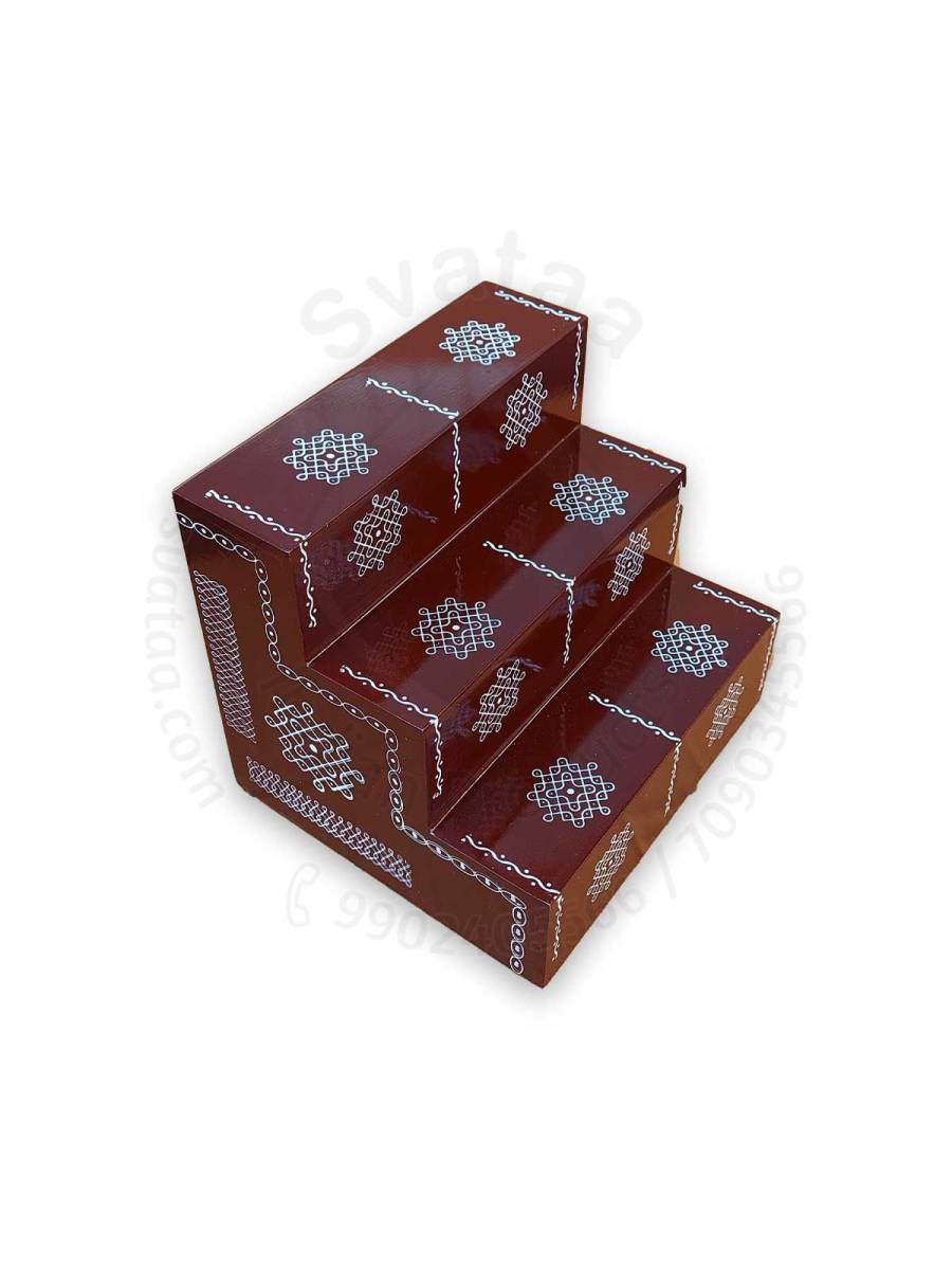 Festive - Pooja Stand - 3 Steps - Box Type - Coffee Color - Traditional Rangoli